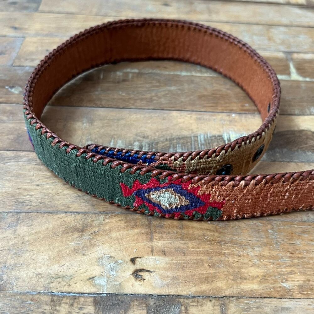 The Leather Belt 34 Handcrafted Multicolor Southwestern Woven Vintage - Picture 4 of 13